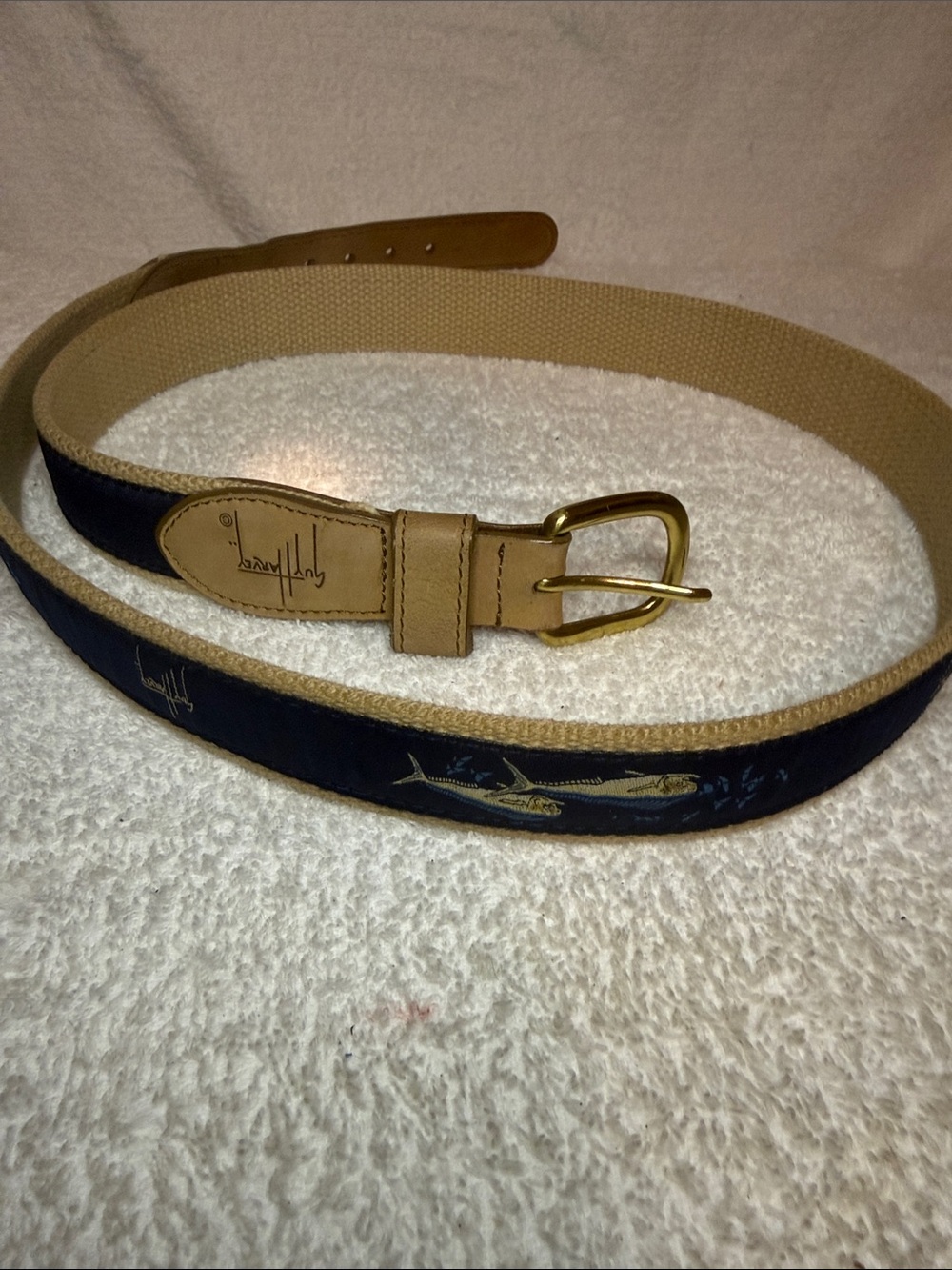 Guy Harvey Tan Leather and Navy Blue Embroidered Belt